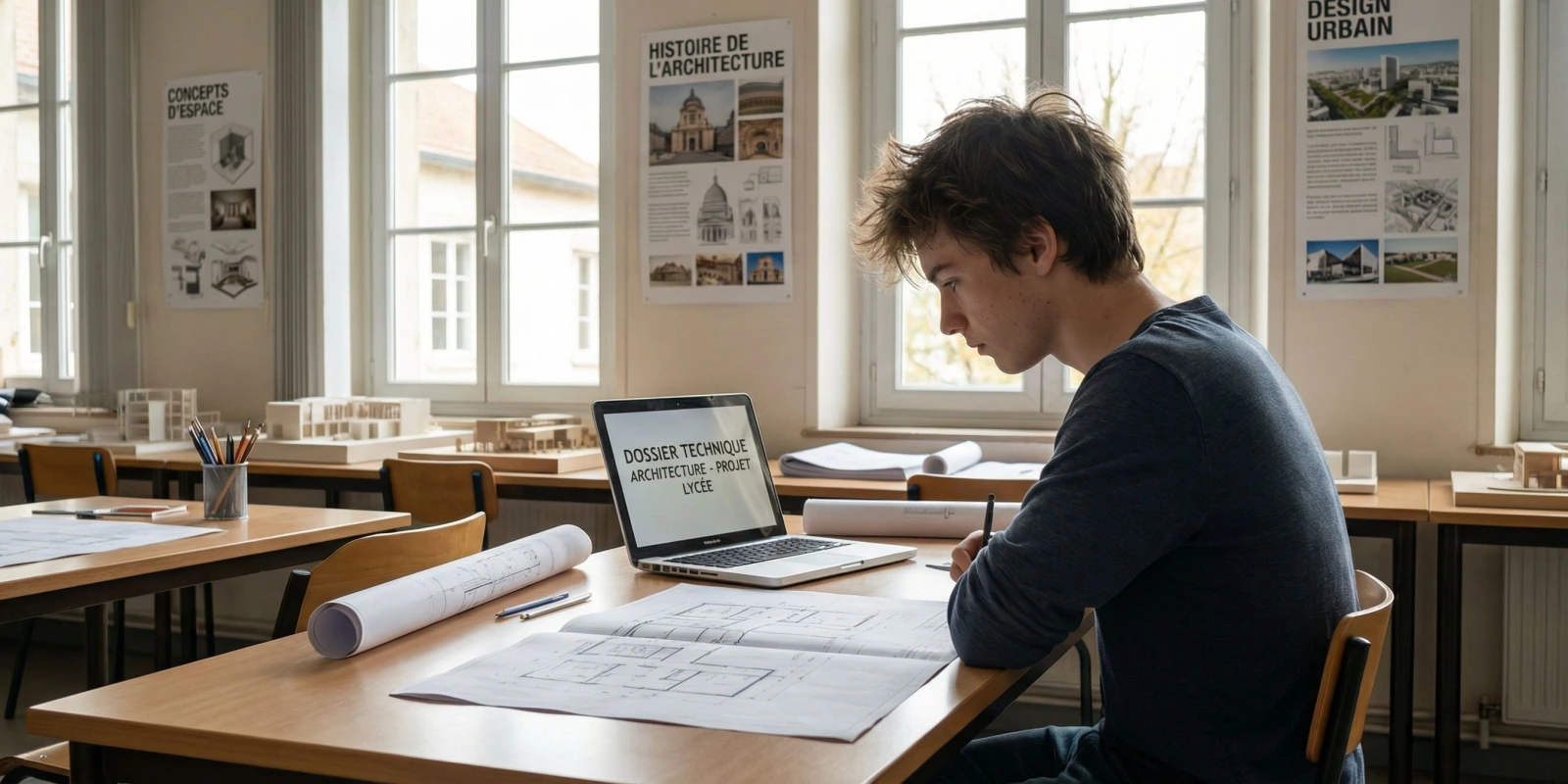 Étude de Projet BTS ERA : le guide complet pour réussir (2026) Étudiant en BTS ERA travaillant sur des plans d'agencement et un dossier technique numérique